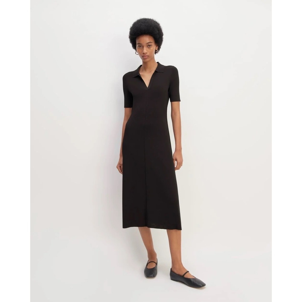 Everlane Women Black Ribbed Viscose Midi Dress Split Neck Polo Knit Collar M